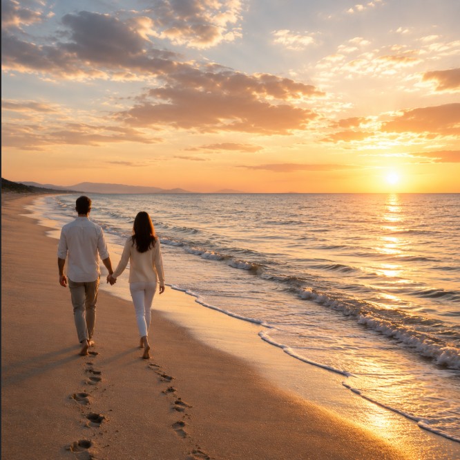 Couple walking on the beach at sunset