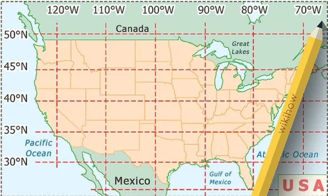 US geographic coordinate map showing latitude and longitude — both essential inputs for accurate astrological chart calculation