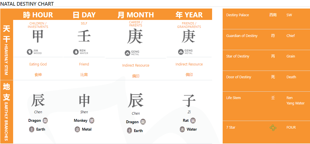 Example BaZi Natal Destiny Chart showing Hour, Day, Month and Year pillars with Heavenly Stems, Earthly Branches, Ten Gods and Destiny Palace indicators